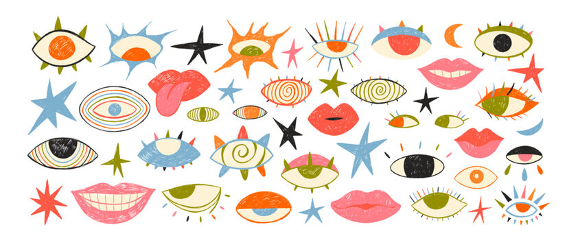 Naklejki Woman lips and psychedelic eyes drawn by crayon. Vector grunge punk crazy art in girly style for mixed media design. Hand drawn punk crazy vector elements. Doodle icon for collages.