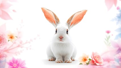 A fluffy white rabbit in a peaceful pure white backdrop.
