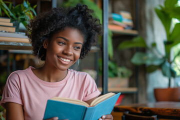 A woman is sitting at a table with a book in her hand