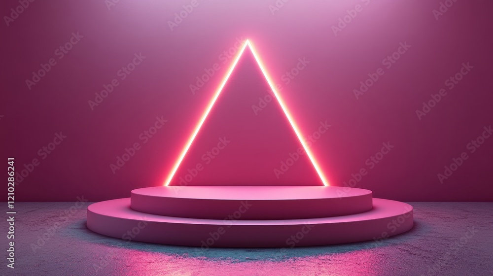 Poster a minimalistic stage featuring a glowing triangular design against a pink backdrop.