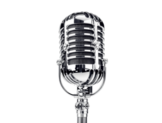 a classic, chrome-plated microphone with a shiny, reflective surface. The microphone has a retro design and is mounted on a stand, ready for use. no background png