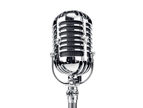 a classic, chrome-plated microphone with a shiny, reflective surface. The microphone has a retro design and is mounted on a stand, ready for use. no background png