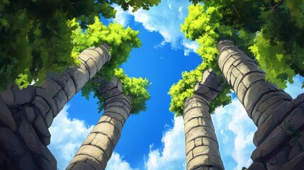 Fototapeta premium Majestic Ancient Columns Surrounded by Lush Greenery and Blue Sky