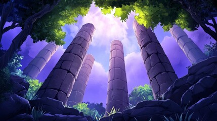 Ethereal Landscape with Ancient Stone Pillars Under Dramatic Sky