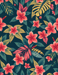 Tropical Flowers and Leaves Seamless Pattern, Dark Background
