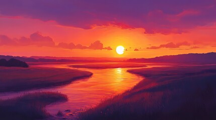 A sunset over a river flowing through a rural landscape, the sky filled with warm hues of red and orange.