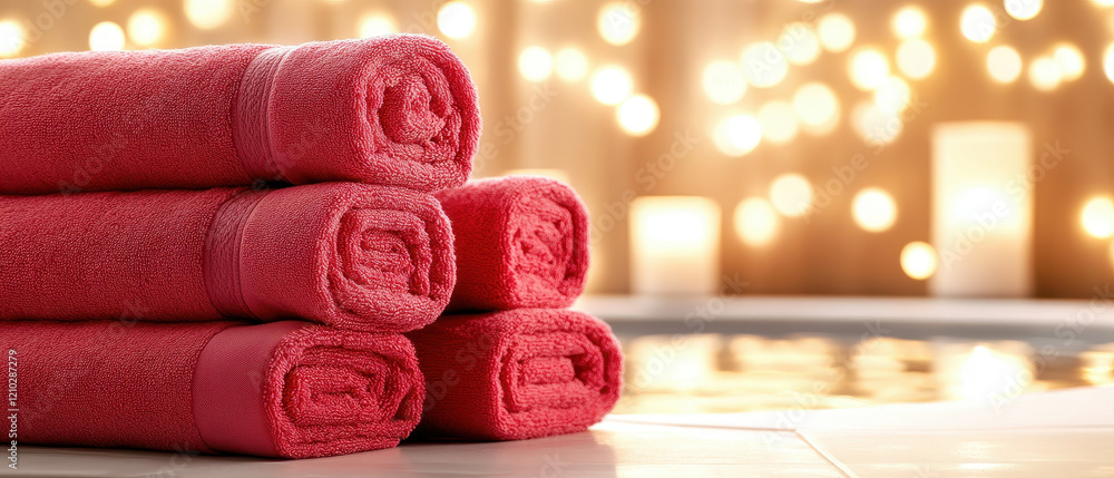 Poster luxurious pink towels stacked neatly, creating serene spa atmosphere with soft lighting and calming 