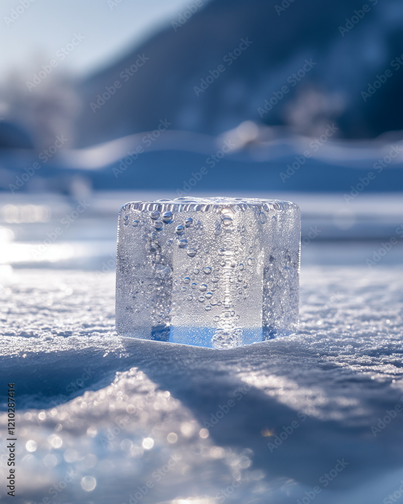 Poster ice cube with frozen bubbles. abstract futurism. -