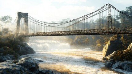 A suspension bridge over a fast-flowing river, its architectural design showcasing engineering marvels.