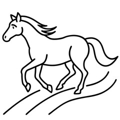 Minimalist horse illustration, black and white line drawing, side view, trotting pose, flowing mane and tail, simple background