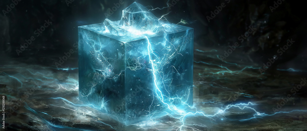 Poster ice cube with frozen lightning bolts inside. synth_003