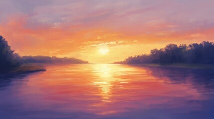 Obraz premium A wide river stretching into the horizon, glowing in the warm colors of the setting sun.
