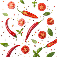 Vibrant food photography, fresh ingredients, red chili peppers, sliced tomatoes, parsley leaves, colorful spices, white background