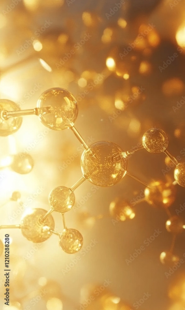 Poster golden molecule structure with bokeh effect a detailed rendering of golden particles linked
