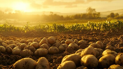 Obraz premium Golden sunlight shining over a field of freshly dug potatoes, capturing the beauty and authenticity of agricultural life.