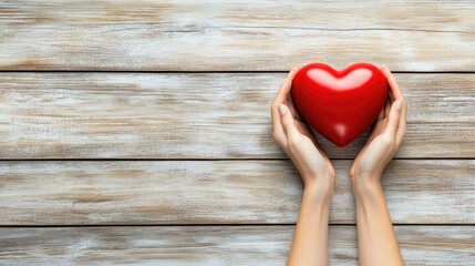 Hands holding a symbolic red heart on a natural wooden background, perfect for concepts of love, health, and humanity.