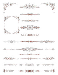 Obraz premium Hand drawn design elements collection. Floral frames, corners, dividers, calligraphic lines, borders, swirls. Illustration in vintage style, pixel art, with white tones