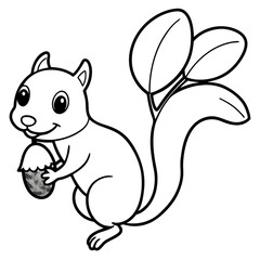 Cartoon squirrel, black and white line drawing, holding acorn, large fluffy tail, cute big eyes, simple style, children's book illustration, adorable forest creature, whimsical, playful pose, minimali