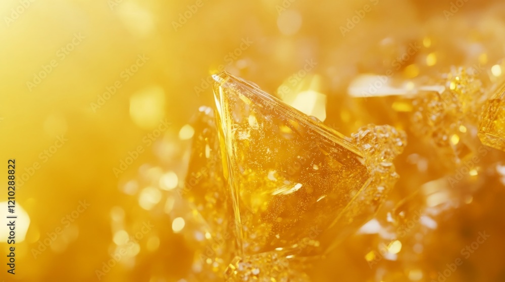 Poster close up view of a golden crystal with warm lighting and bokeh effect creates a soft glow