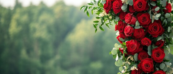 A vibrant arrangement of red roses intertwined with greenery, set against a lush green backdrop, evoking a romantic and elegant atmosphere.