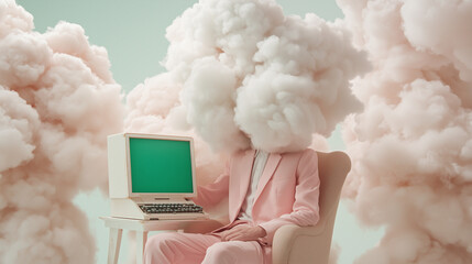 man in a pastel pink suit sitting in a chair with his head enveloped in fluffy white clouds. Next to him is a vintage computer with a green screen