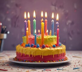 Brightly lit birthday candles on a colorful cake, event, dessert, birthday