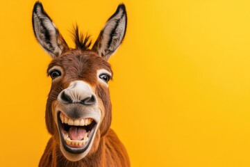 Obraz premium A joyful donkey with a wide, toothy grin and expressive ears against a bright yellow background, evoking happiness and charm. Perfect for humorous content, advertisements, and animal-themed projects