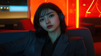 Content Asian female sitting on a sofa, enjoying her favorite music playlist via earphones at a coworking space.