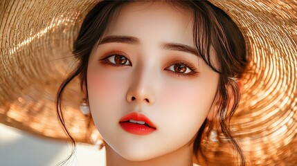Elegant Asian female wearing a straw hat under the bright sun, showcasing beauty, radiant skin, and sun protection concepts.