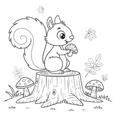Cute cartoon squirrel, sitting on tree stump, holding acorn, black and white line drawing, coloring book style, woodland scene, mushrooms, butterflies, detailed illustration, whimsical, childlike, pla