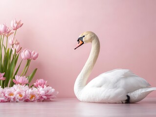 Fototapeta premium Elegant Swan Holding Blank Scroll with Pink Flowers Background