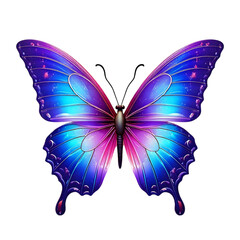 Vibrant iridescent butterfly with blue and purple wings isolated on a black background. Perfect for design, decoration, or fantasy-themed projects.