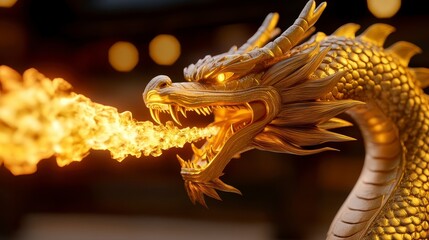 Golden Dragon With Fiery Breath In A Fantasy Setting