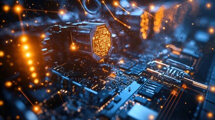 Futuristic concept of a cryptocurrency mining setup in space, surrounded by stars and digital data 