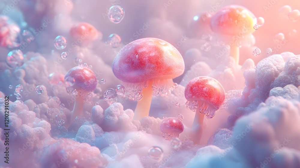 Poster bright and whimsical composition featuring soft pastel color gradients fluffy textures and imaginati