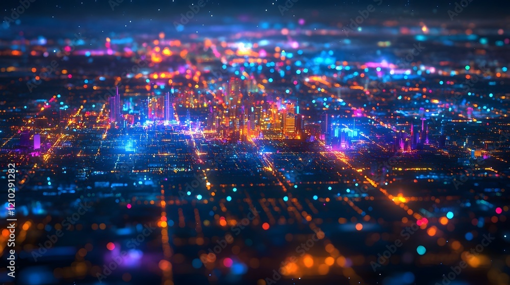 Poster mesmerizing patterned city grids glowing brightly at night with vibrant and electric colorful geomet