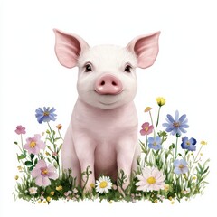 Adorable piglet surrounded by flowers nature watercolor art