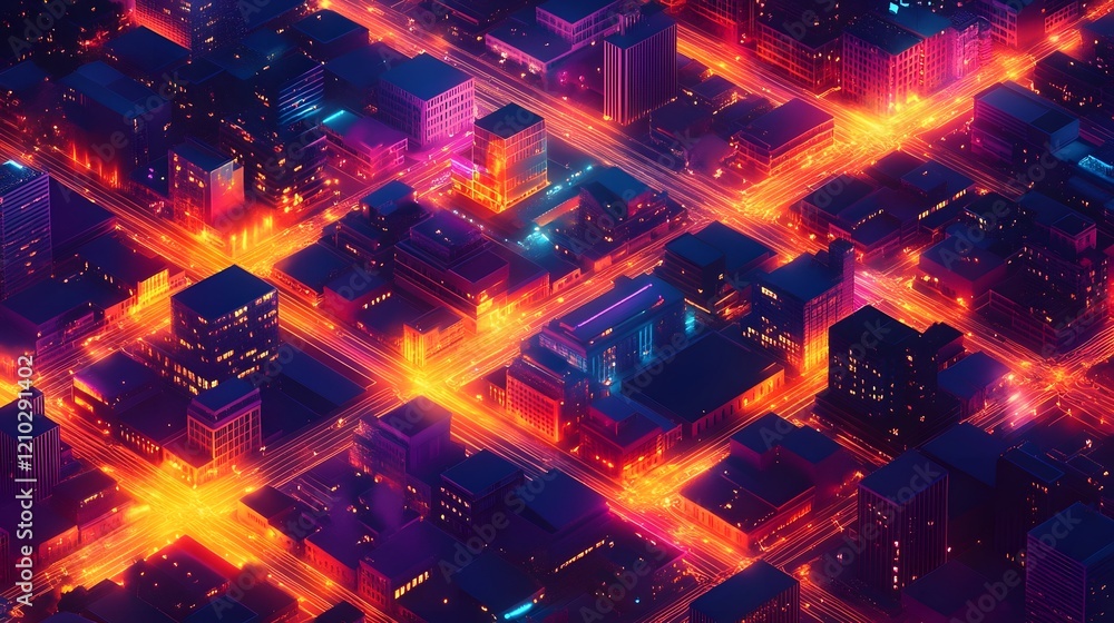 Poster vibrant dynamic cityscape at night with colorful geometric patterns of electric lights pulsing with 