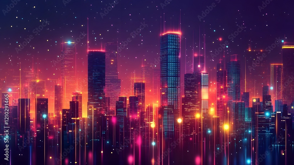 Poster vibrant and dynamic futuristic city grids illuminated at night featuring a captivating display of co