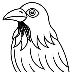 Black and white illustration, stylized raven head, single eye, sharp beak, detailed feathers, minimalist design, graphic art, bold lines, stark contrast, side profile, avian portrait, mythical creatur