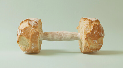 A creative and humorous concept of a dumbbell crafted from bread, blending fitness and food themes on a pastel background