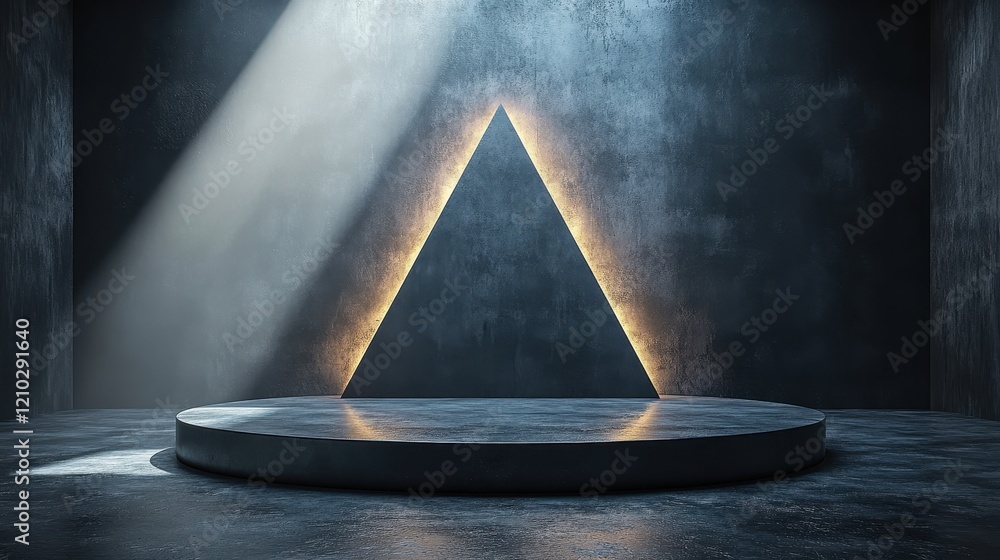Poster a minimalistic stage with a triangular light feature in a dark environment.