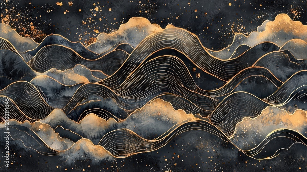 Poster elegant golden waves intertwine with dark clouds creating a mesmerizing design suitable for modern d