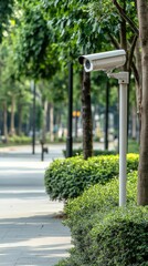 Cctv camera installed in a white casing monitors a vibrant garden with blooming flowers and rich greenery, enhancing security measures