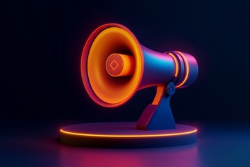 A stylized 3D megaphone with a floating, animated bell notification icon.