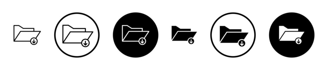 Folder download icons set in black filled and stroke line style