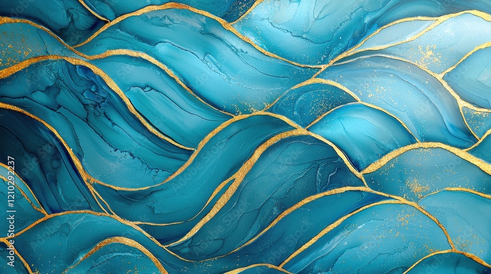 Poster vibrant blue and gold abstract waves with flowing patterns capturing the essence of ocean depths and