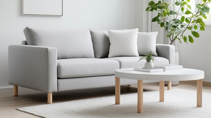 Modern living room, gray sofa, coffee table, plant, minimalist decor, home interior design, website banner