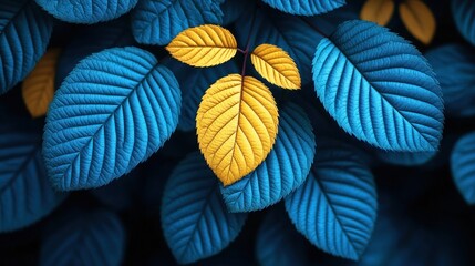 Golden leaves among blue foliage, autumn nature background, design