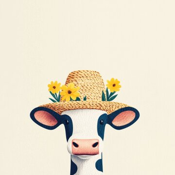 Cute cow in straw hat with flowers farm setting watercolor art